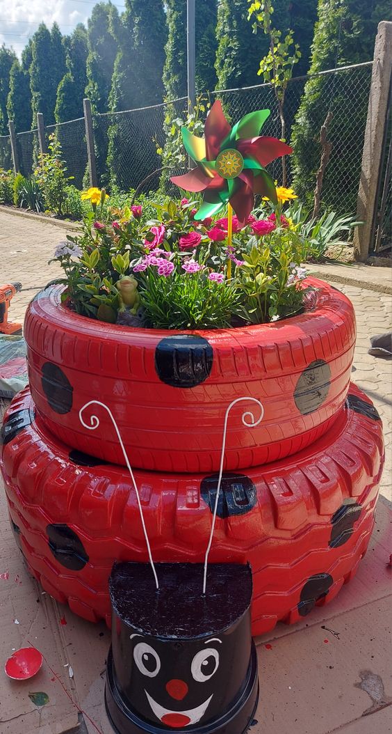 Adorable Ladybug Tire Planter