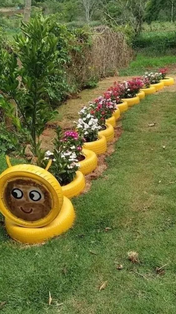 Cheerful Caterpillar Tire Planter