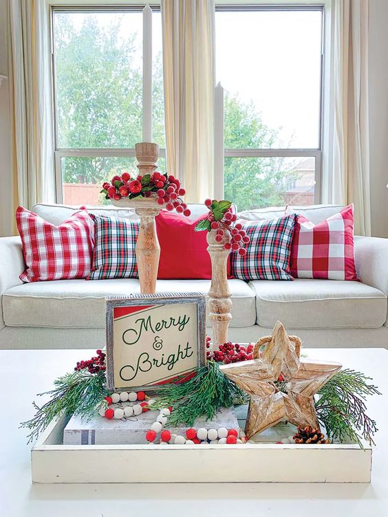 Cheerful Plaid and Berry Christmas Living Room Decor