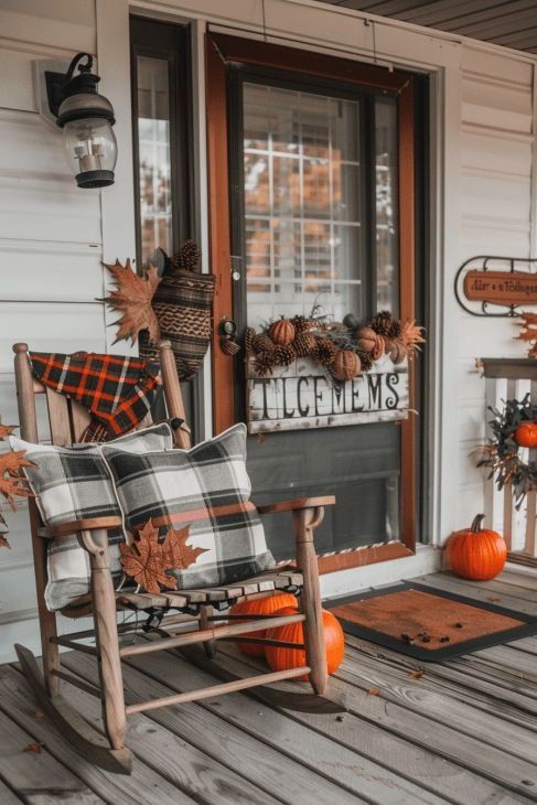 Cozy Plaid Rocking Chair Porch