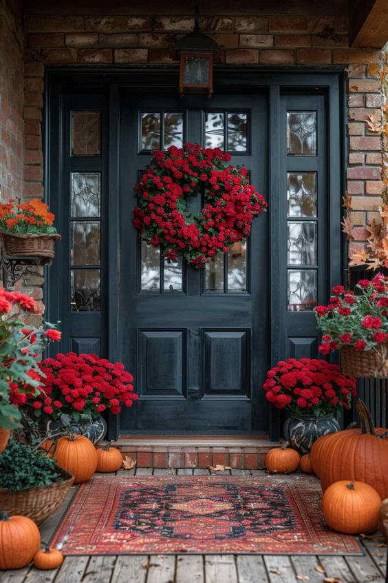 Elegant Red Mum Porch Decor