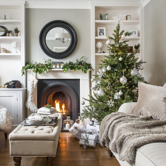 Elegant Silver and Green Christmas Living Room Decor