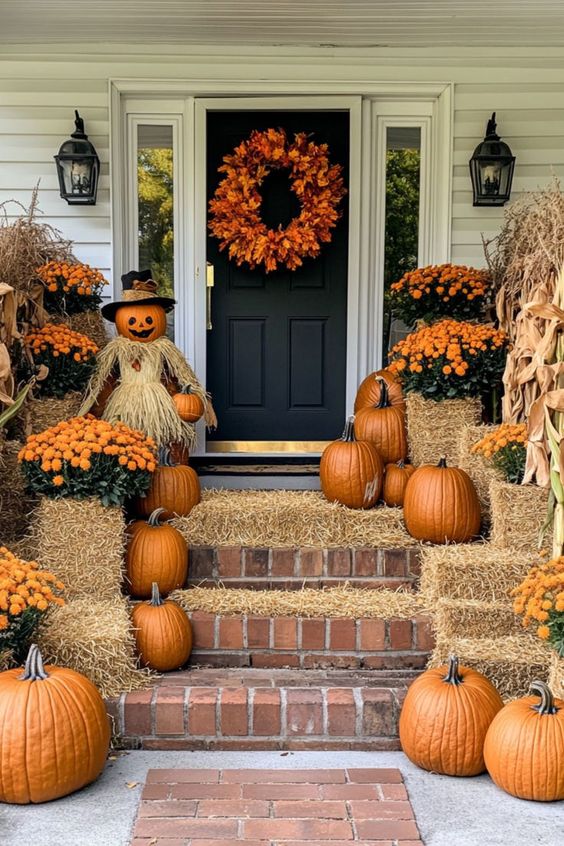 Festive Scarecrow Haystack Porch