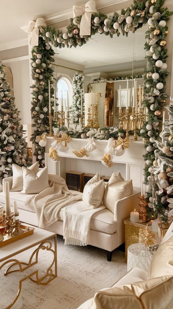 Luxurious White and Gold Christmas Living Room Decor