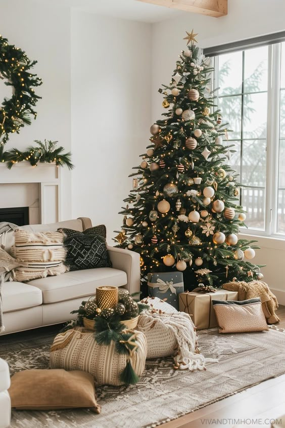 Modern Gold and Neutral Christmas Living Room Decor