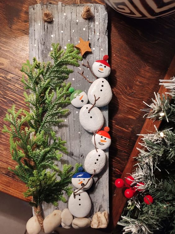 Stacked Stone Snowman Family Plaque