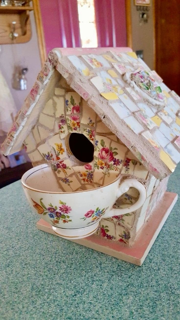 Charming Mosaic Teacup Birdhouse Design