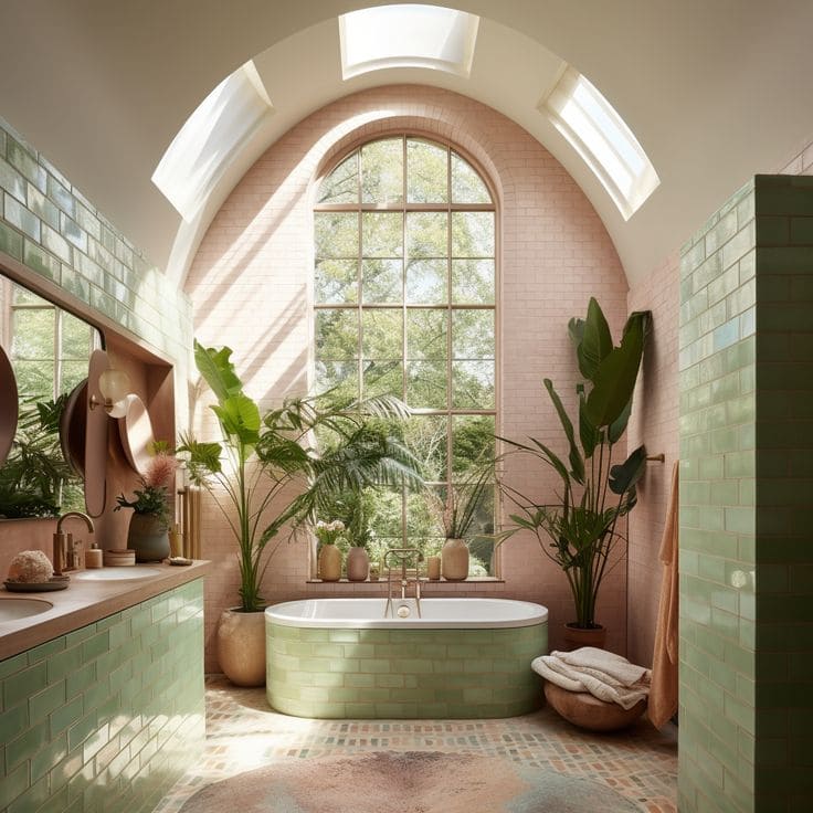 Arched Bathroom Elegance with Earthy Tones