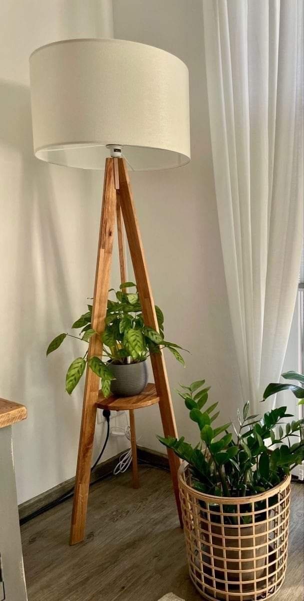 Chic Wooden Tripod Lamp with Planter