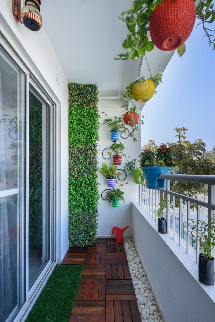 Colorful Hanging Pots Balcony Haven