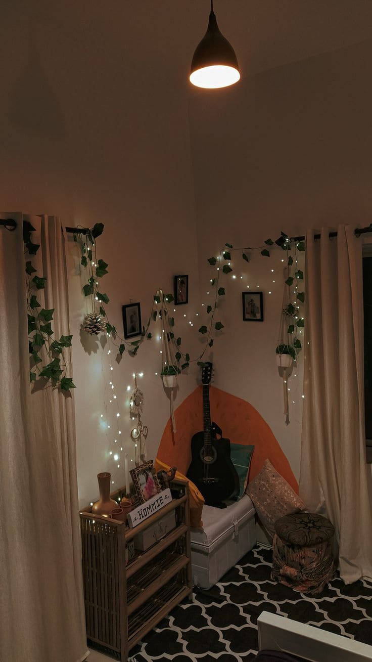 Corner Retreat with String Lights and Plants