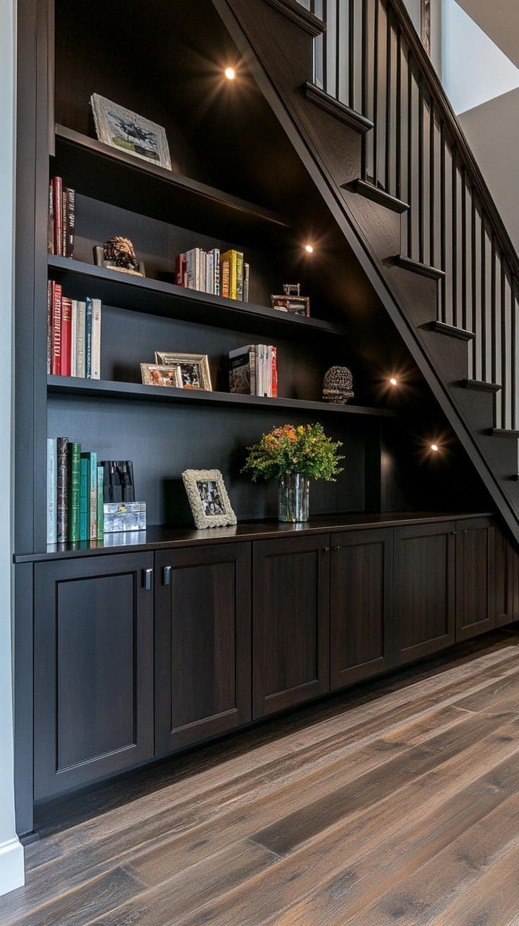 Elegant Built-In Staircase Library Shelves