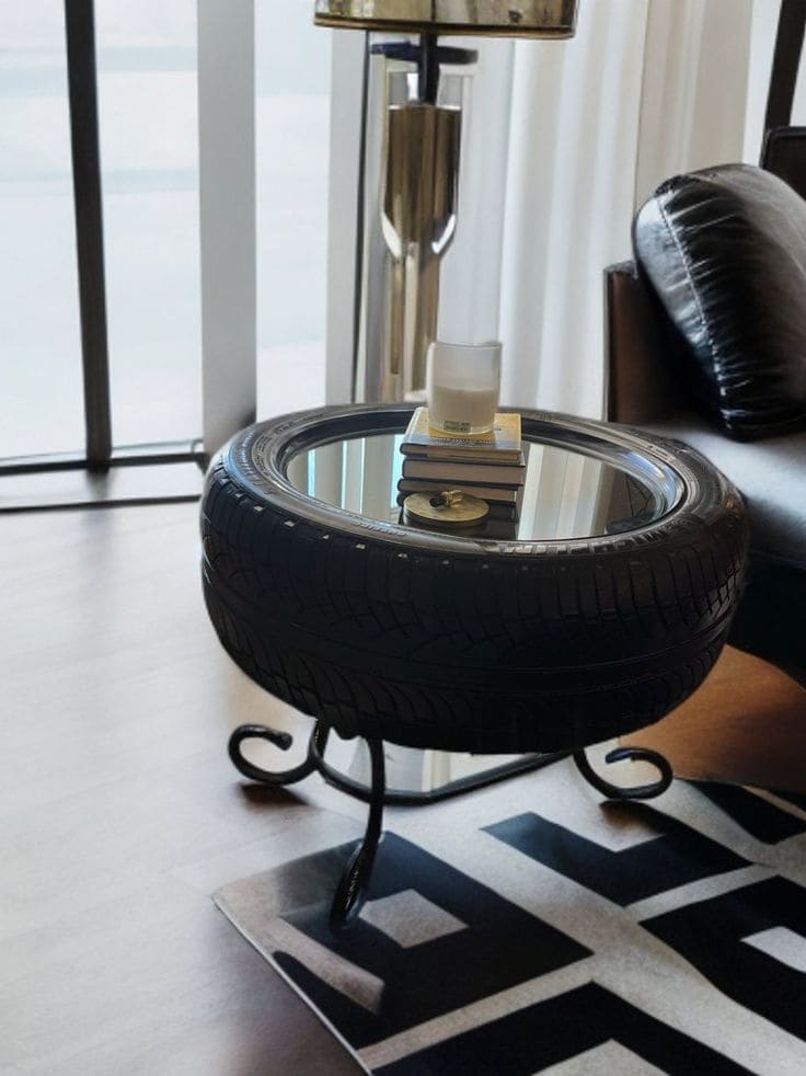 Elegant Tire Coffee Table with Glass Top