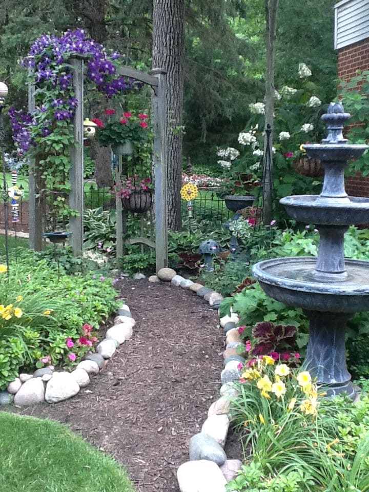 Floral Pathway with Graceful Fountain