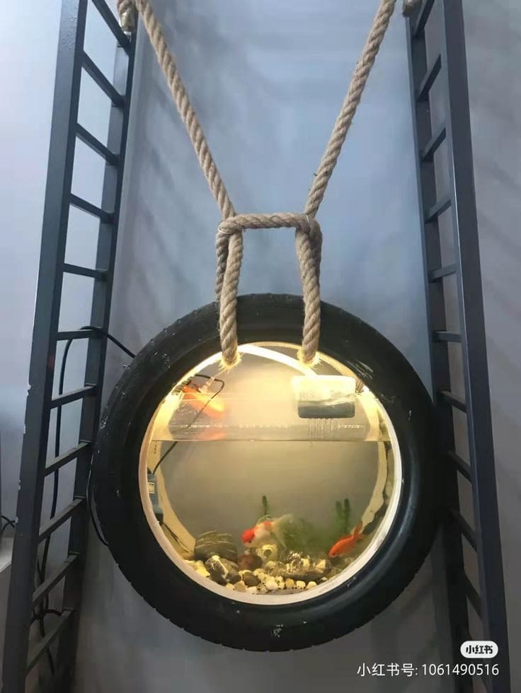 Hanging Tire Aquarium with Rustic Rope