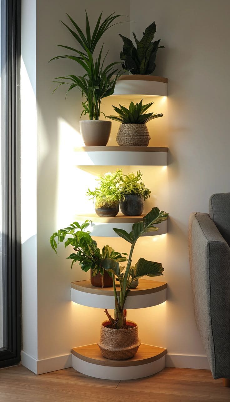 Illuminated Corner Shelves for Lush Greenery