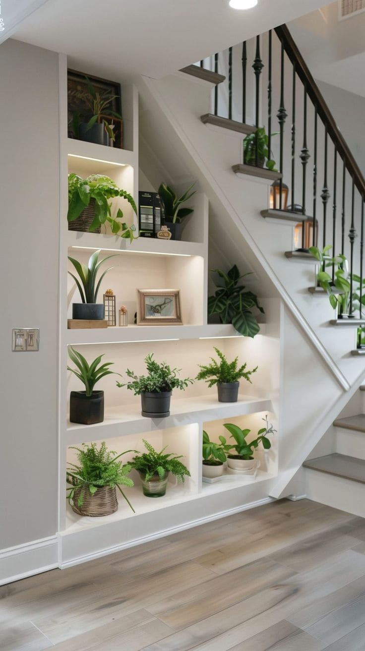 Illuminated Greenery Showcase Under Staircase