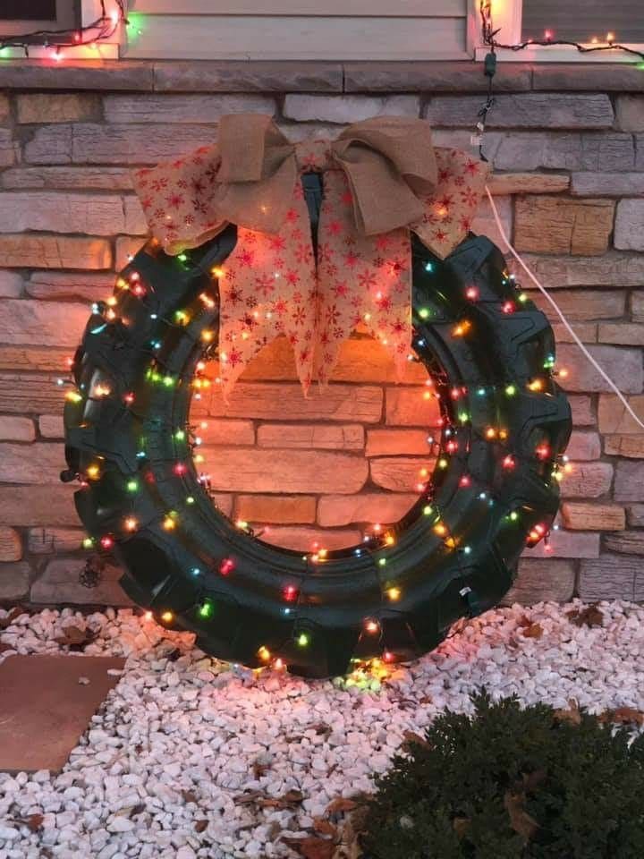 Rustic Tire Wreath with Festive Lights