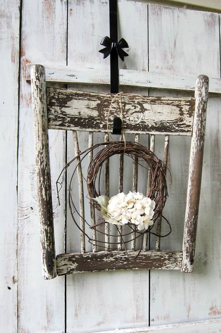 Rustic Wreath Display with Vintage Chair