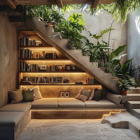 Tropical Reading Nook Under Staircase