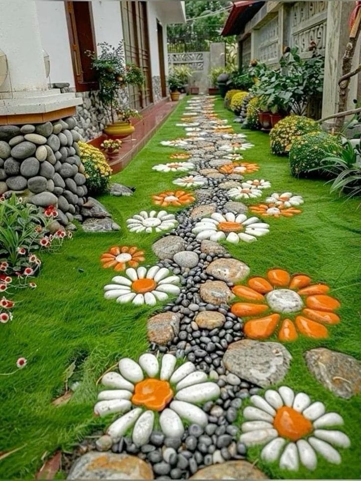 Vibrant Floral Pebble Pathway Design