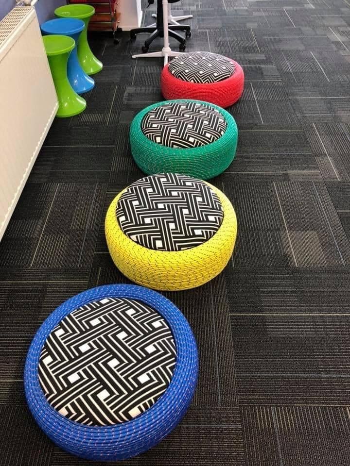 Vibrant Upcycled Tire Floor Poufs