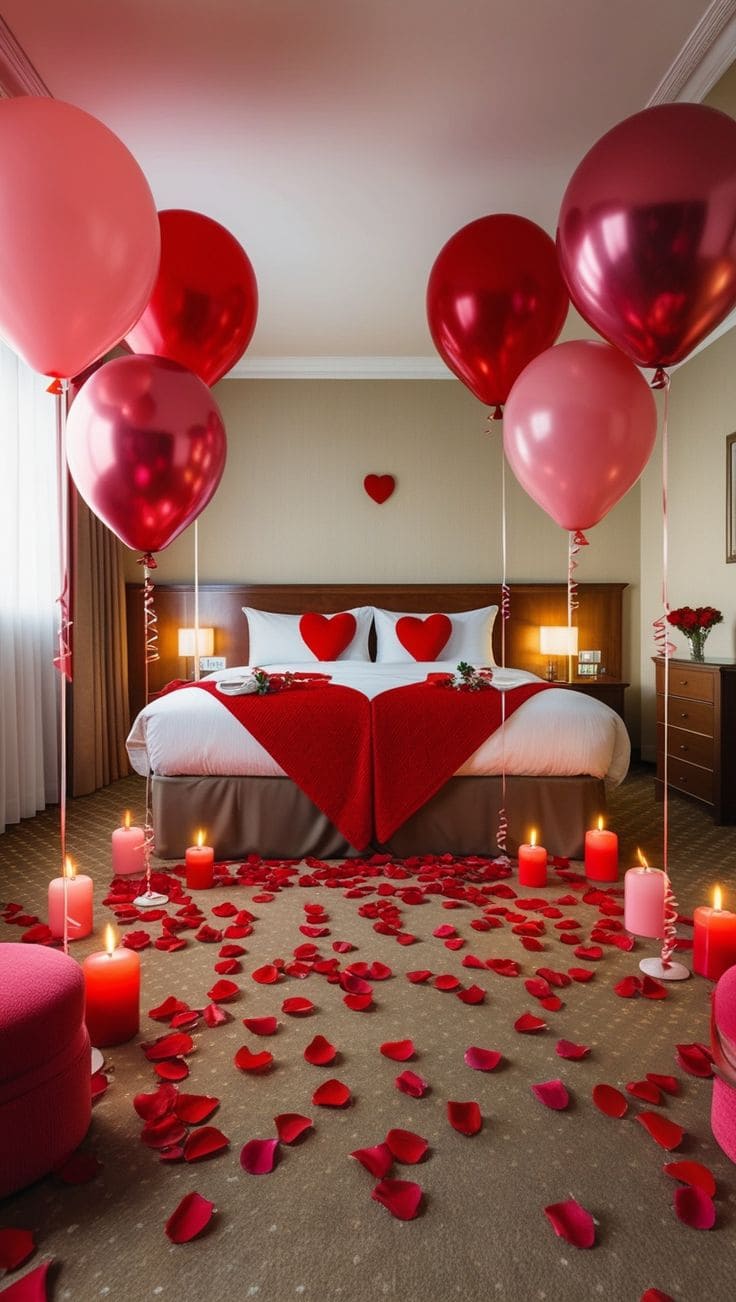 Bedroom with Heart-shaped Balloons and Candle-lit Pathway