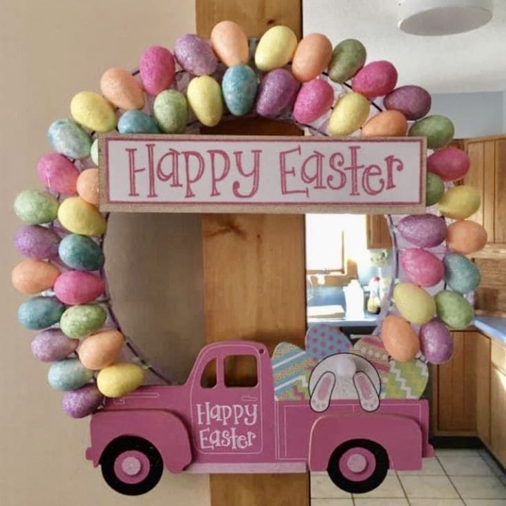 Charming Pastel Egg and Bunny Truck Wreath