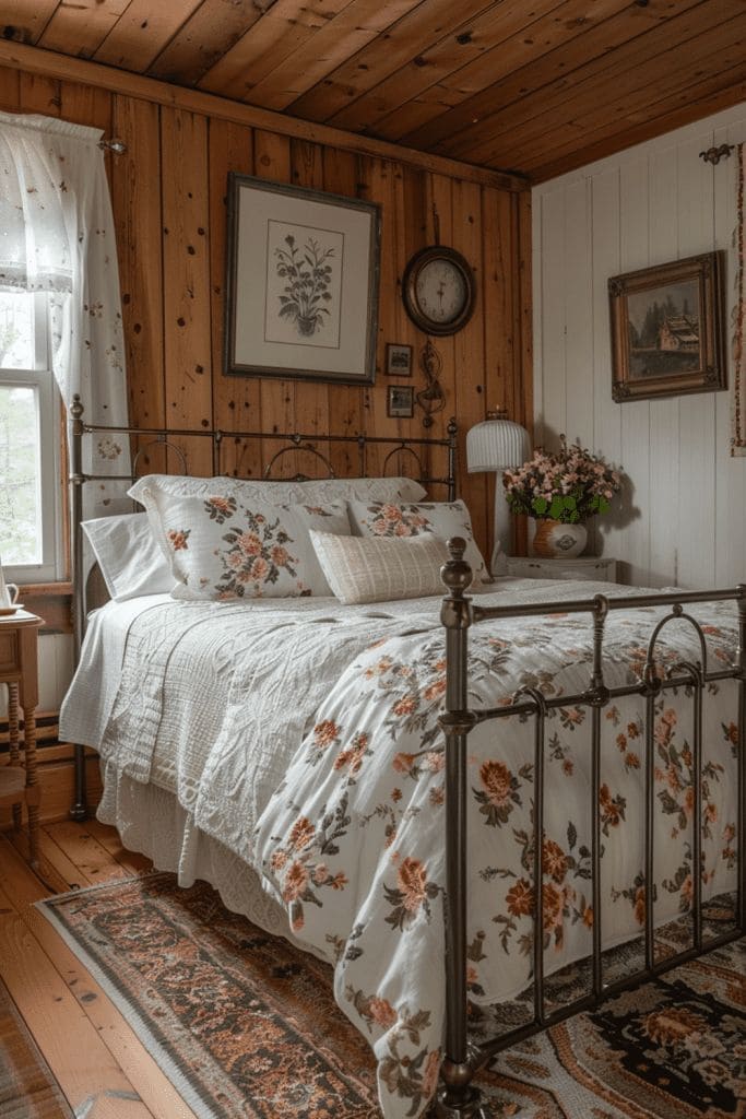 Charming Vintage Farmhouse Bedroom with Floral Elegance