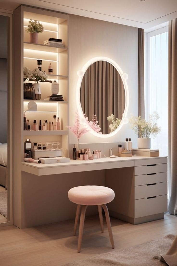 Chic Illuminated Vanity with Built-In Shelving