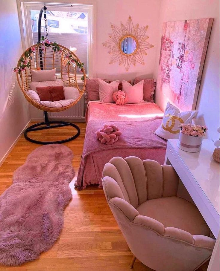 Chic Pink Bedroom with Hanging Chair