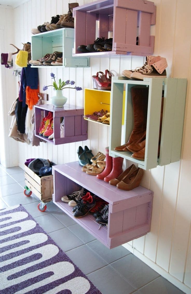 Colorful Wall-Mounted Crate Shoe Shelves