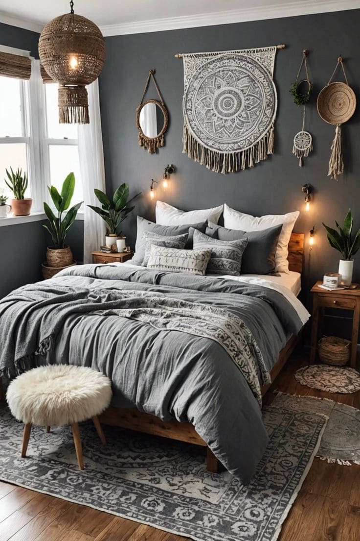 Cozy Gray Bohemian Bedroom with Textured Charm