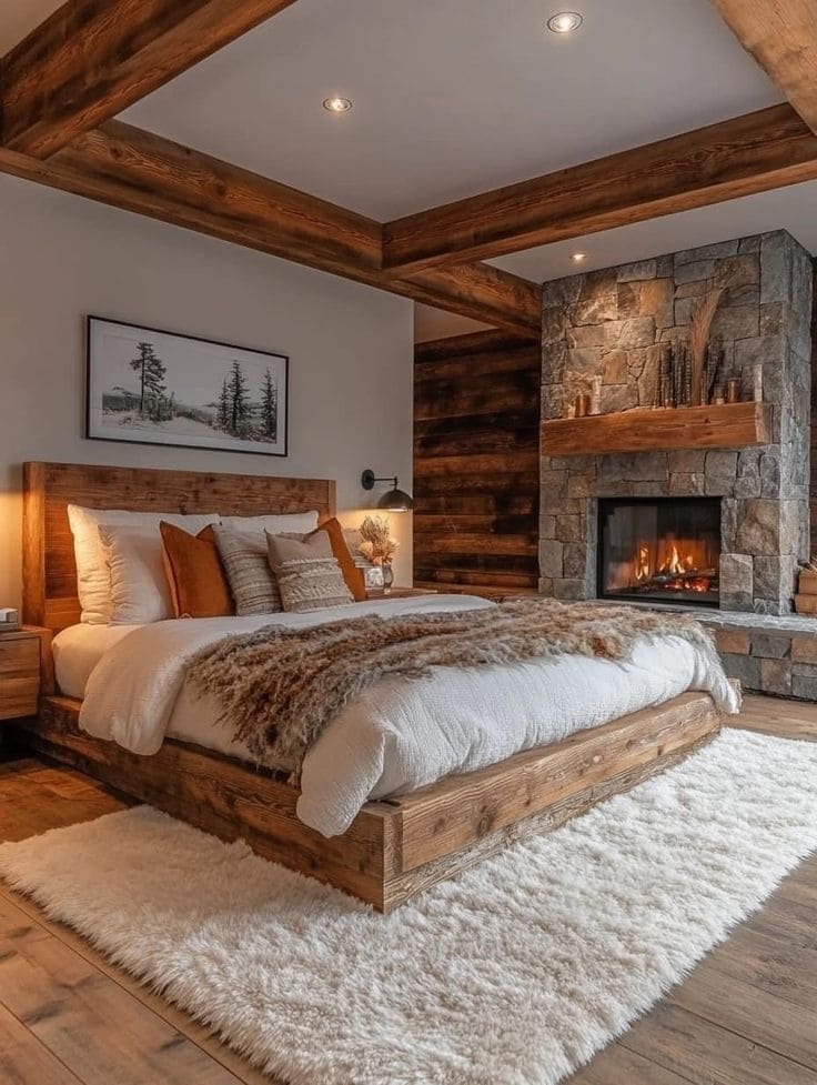 Cozy Rustic Farmhouse Bedroom with Fireplace Warmth