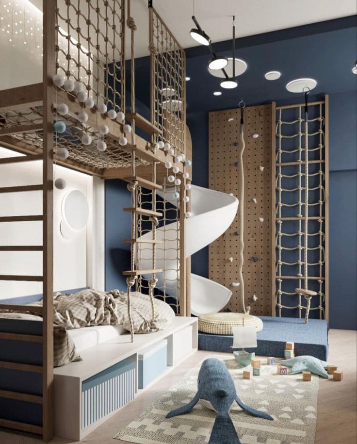 Dynamic Adventure-Themed Playful Bunk Room