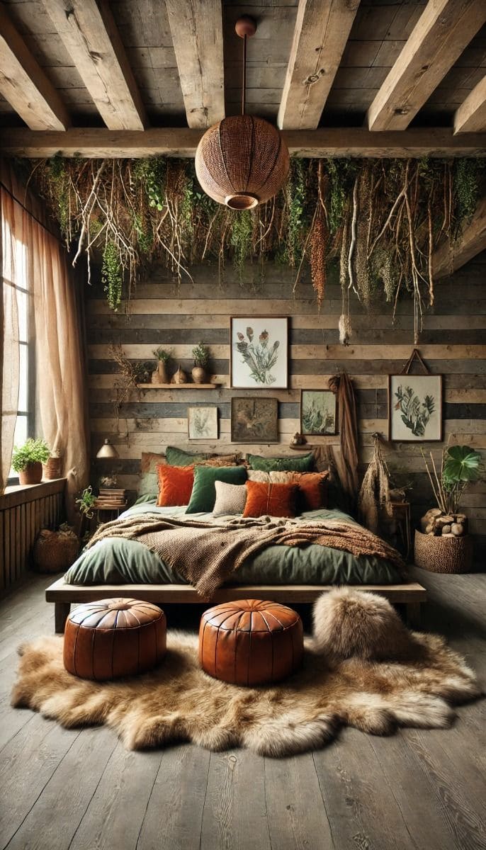 Earthy Boho Farmhouse Bedroom with Rustic Charm