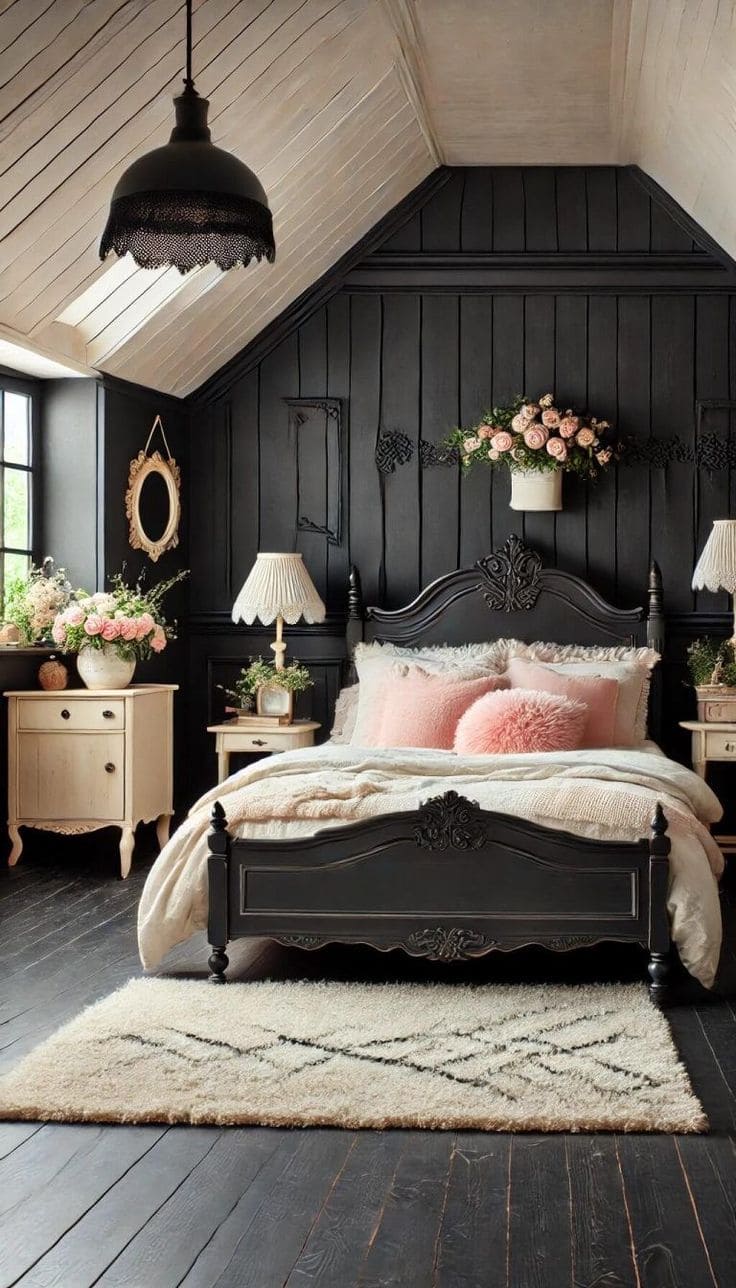 Elegant Black Farmhouse Bedroom