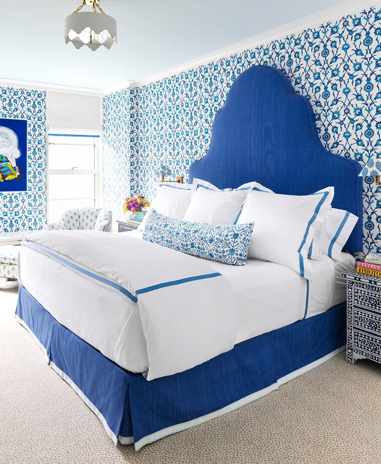 Elegant Blue Bedroom with Floral Charm