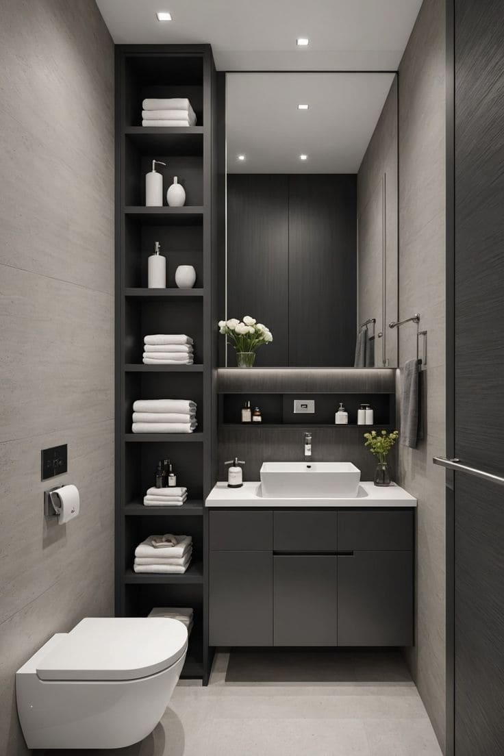 Elegant Compact Grey Bathroom with Storage