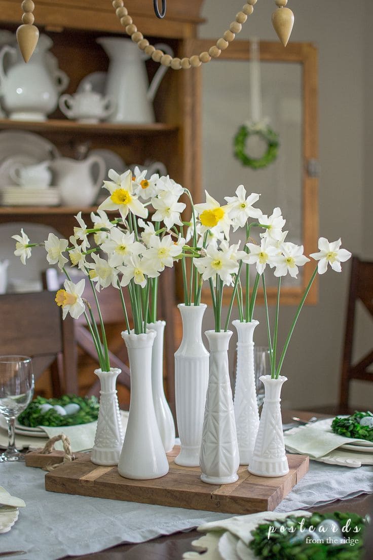 Elegant Daffodil Centerpiece in White Vases