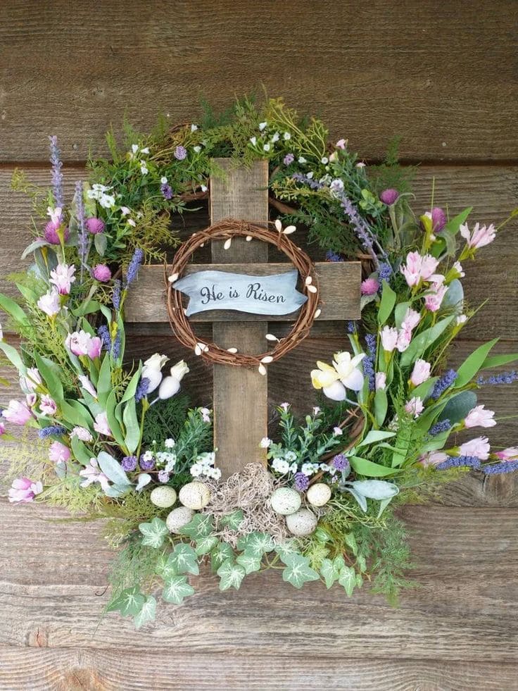 Elegant He is Risen Easter Cross Wreath