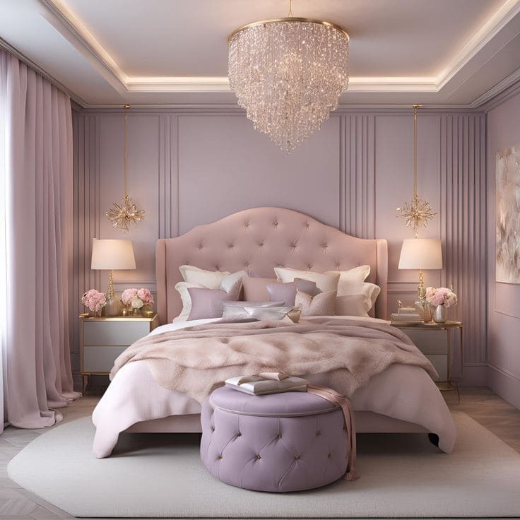 Elegant Lavender Bedroom with Luxe Seating