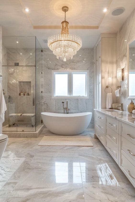 Elegant Marble Bathroom with Radiant Chandelier