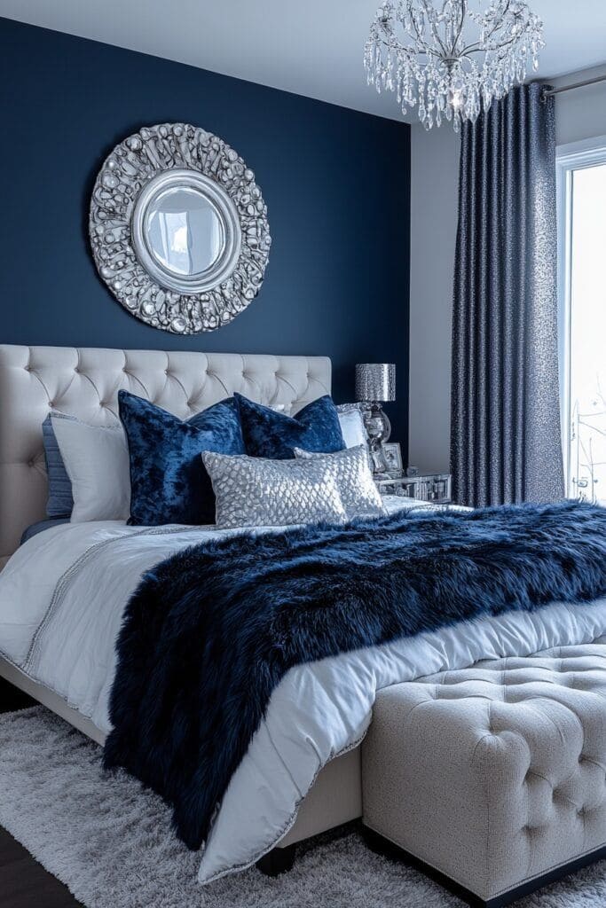 Elegant Navy and Silver Bedroom Retreat