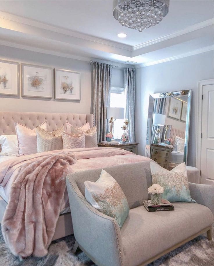 Elegant Pastel Bedroom with Cozy Seating