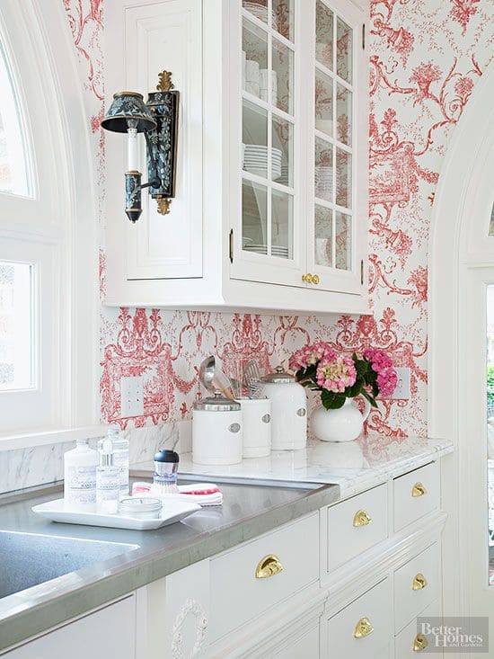 Elegant Toile-Inspired Red Kitchen Wallpaper