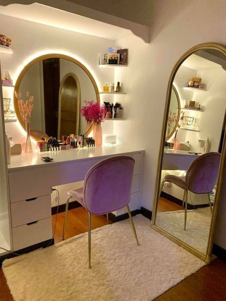 Elegant Vanity with Golden Accents and Modern Lighting