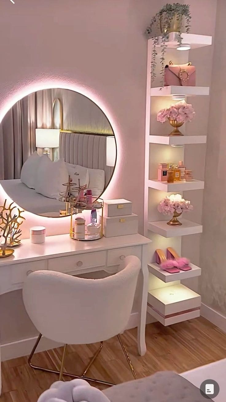 Elegant Vanity with Illuminated Shelving Design