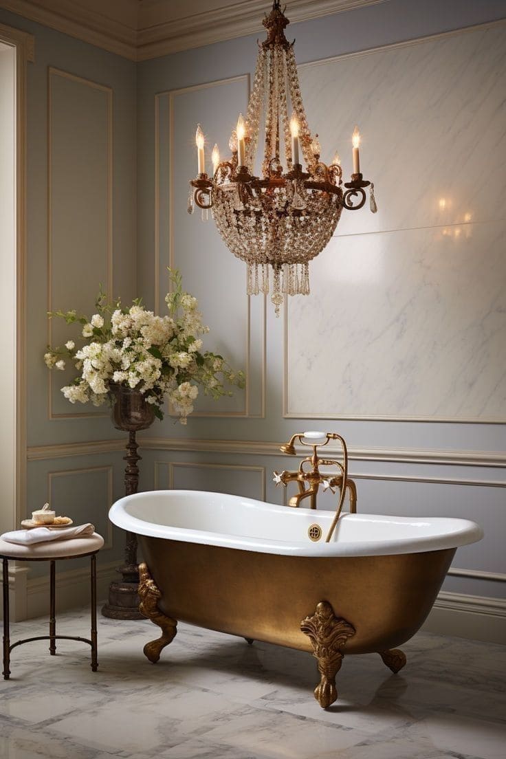 Gold Tub and Elegant Chandelier