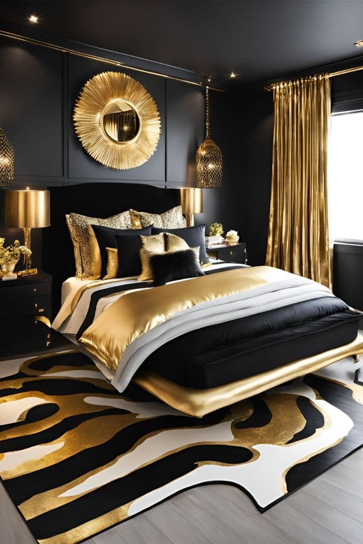 Golden Elegance in Bold Black Bedroom